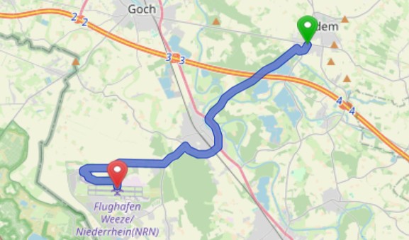 Anfahrt vom Parkplatz in Uedem zum Flughafen Weeze
