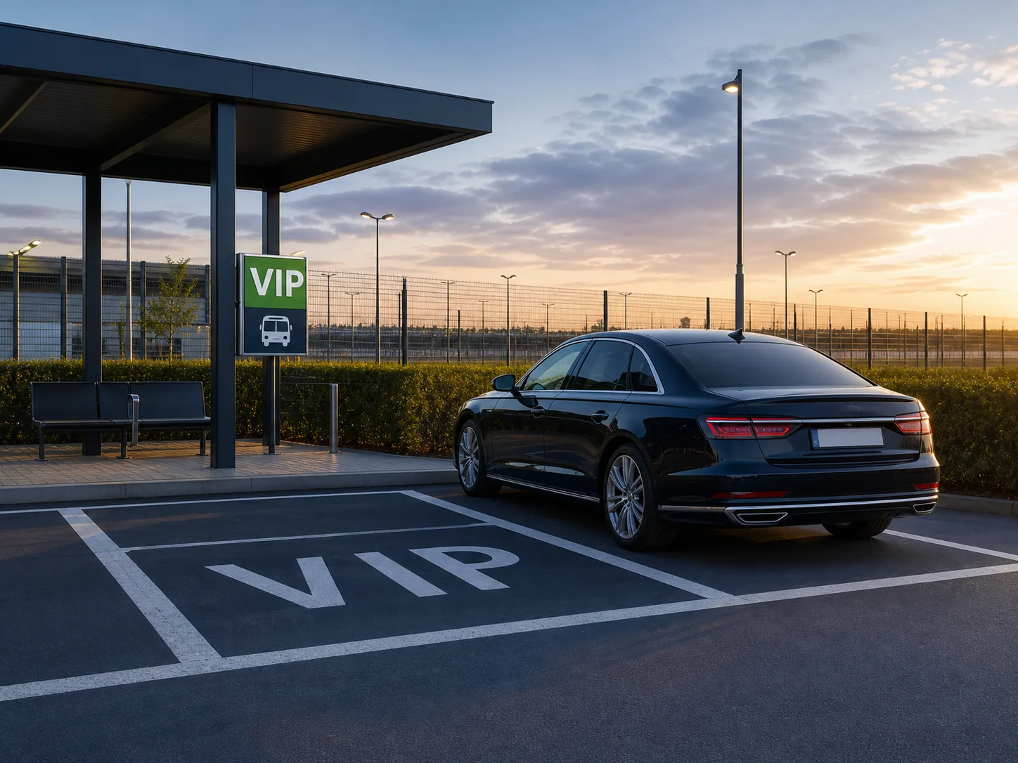 VIP-Hallenstellplatz am Flughafen Weeze mit dunklem Fahrzeug
